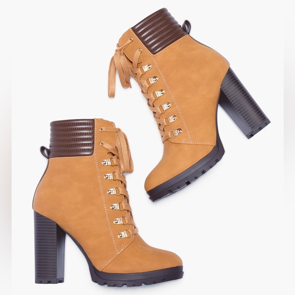 JUST FAB Shandee Tan Ankle Lace Up Block Heel Boots Chelsea Shoes Size 7 Wide - Picture 5 of 11